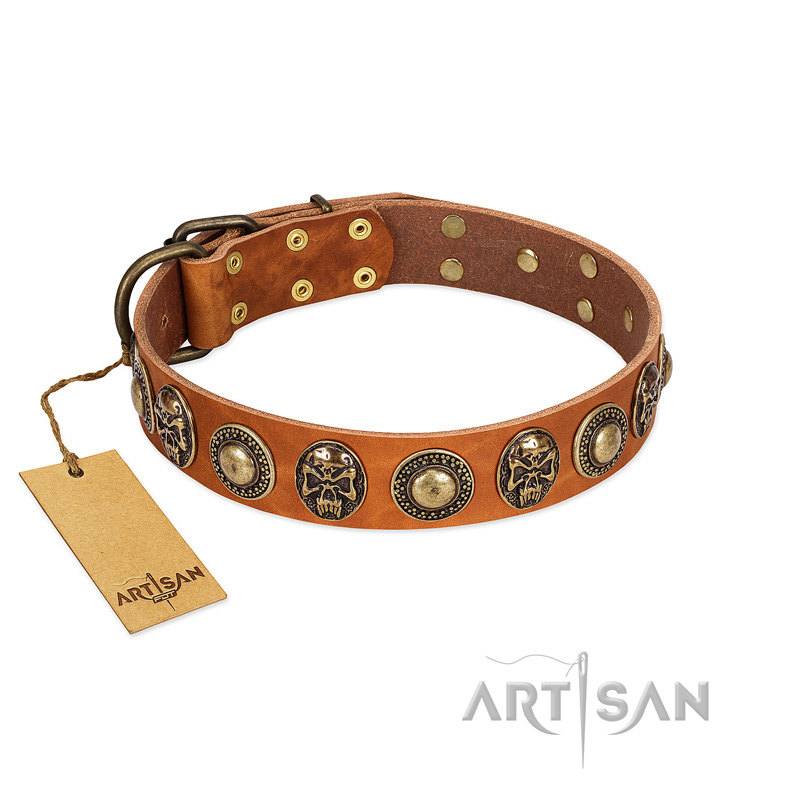 "Golden Epoch" FDT Artisan Tan Leather Sharpei Collar with Old Bronze-plated Medallions and Conchos