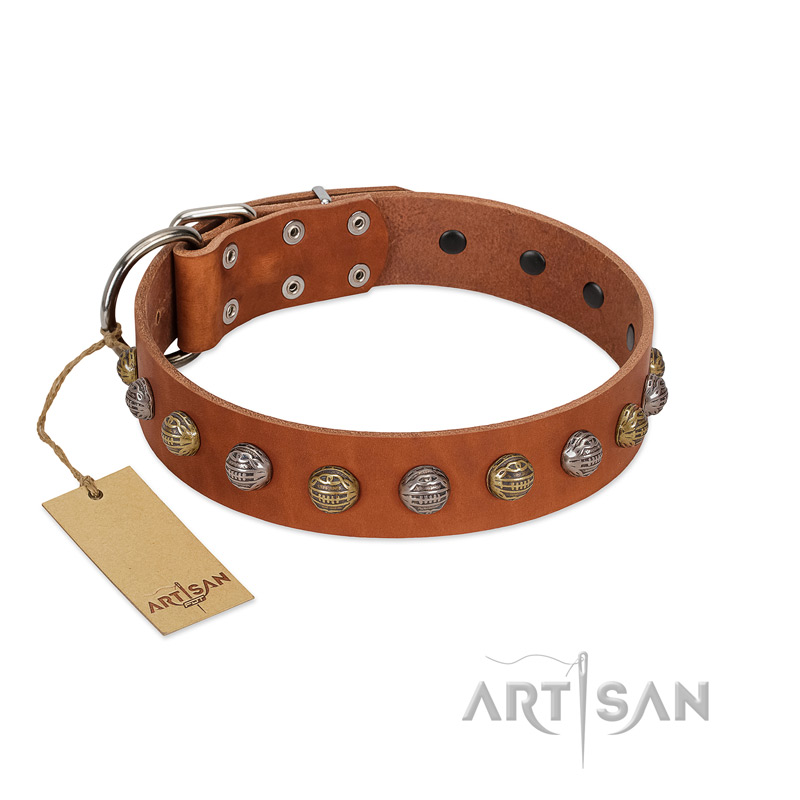 "Dogue-Vogue" FDT Artisan Tan Leather Sharpei Collar with Engraved Chrome-plated Studs - Click Image to Close