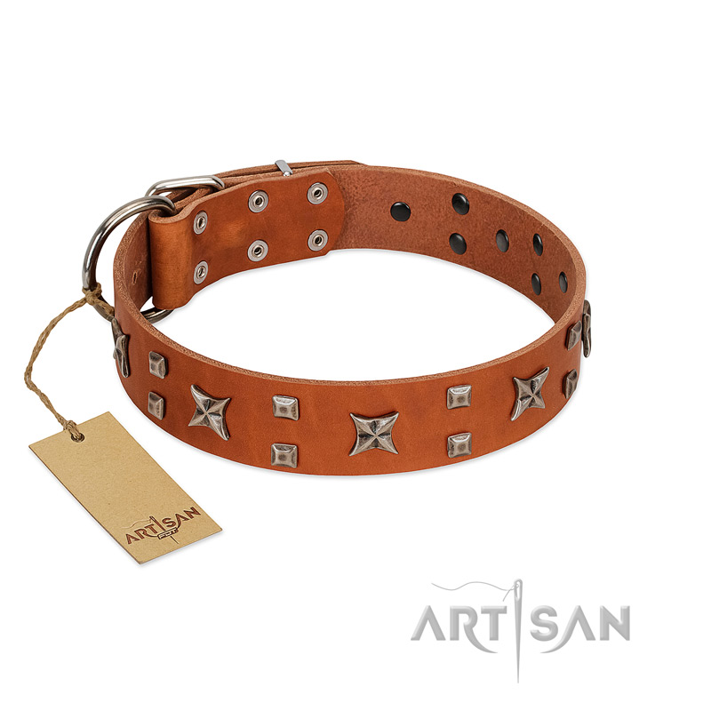 "Faraway Galaxy" FDT Artisan Tan Leather Sharpei Collar Adorned with Stars and Squares