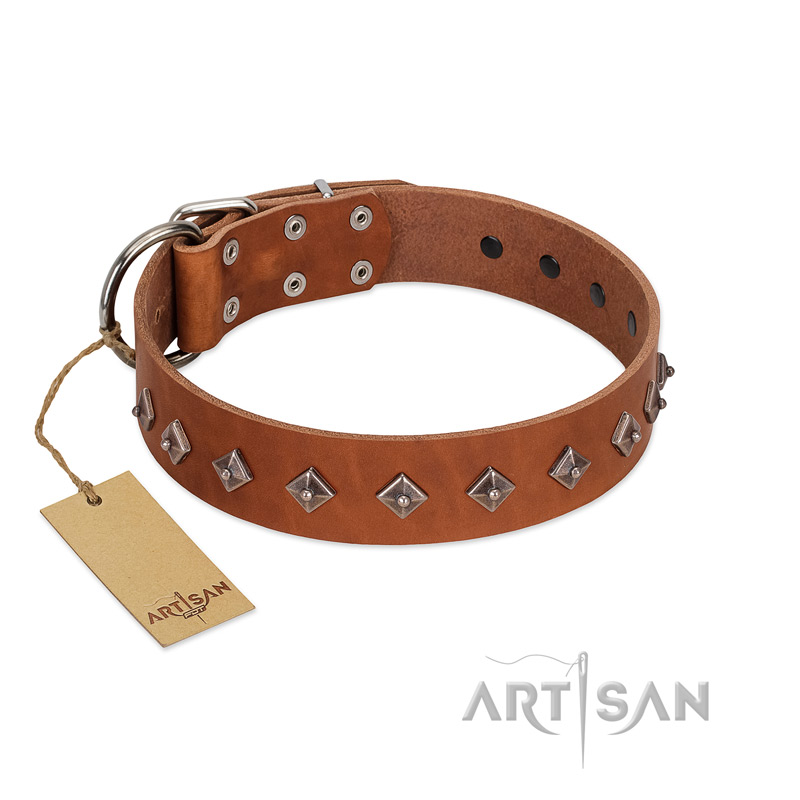 "Broadway" Handmade FDT Artisan Tan Leather Sharpei Collar with Dotted Pyramids