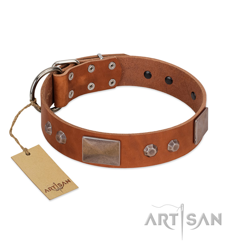 "Great Obelisk" Handcrafted FDT Artisan Tan Leather Sharpei Collar with Large Plates and Pyramids