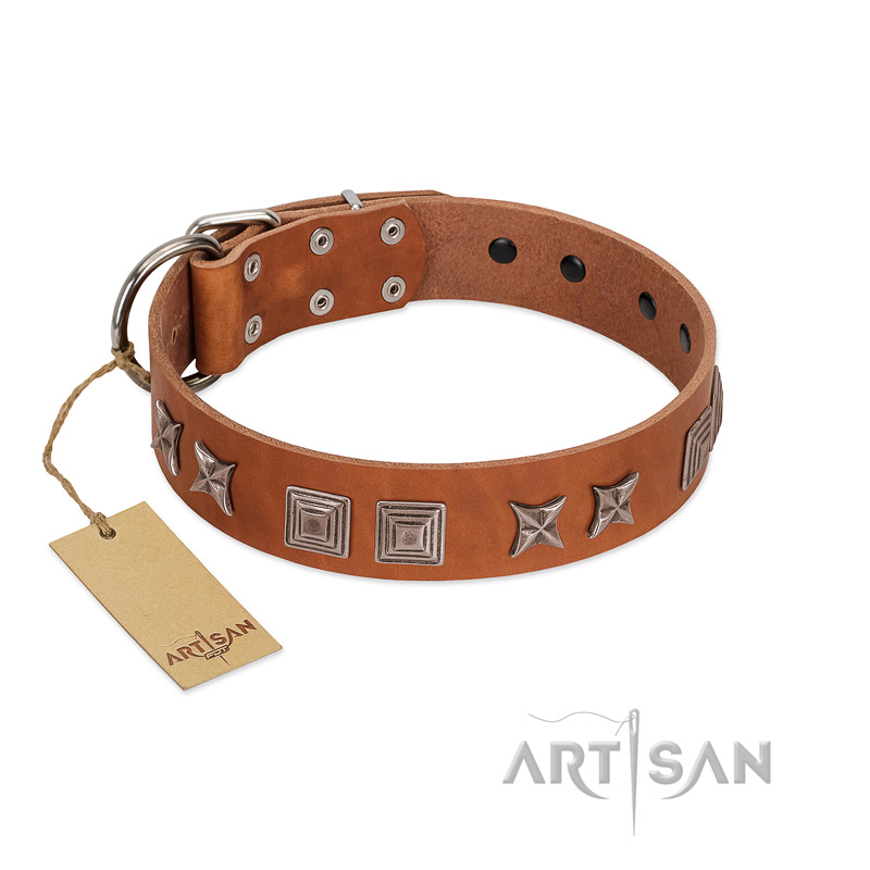 "Antique Figures" FDT Artisan Tan Leather Sharpei Collar with Silver-like Engraved Plates