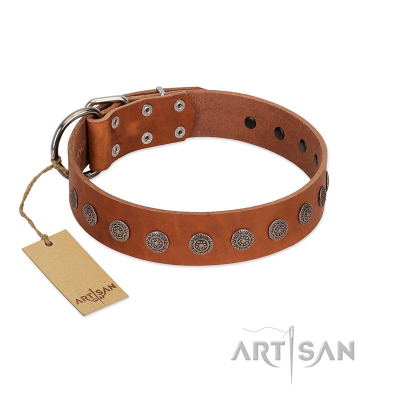 "Lucky Star" Handmade FDT Artisan Designer Tan Leather Sharpei Collar with Round Plates
