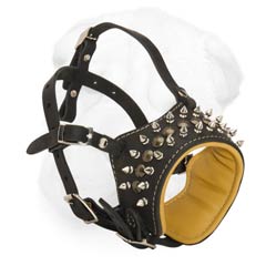 Open-Ended Leather Shar Pei Muzzle with Spiked-Studded Decoration in Three Rows