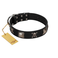 "Sea Rover" Embellished FDT Artisan Black Leather Sharpei Collar with Chrome Plated Crossbones and Plates