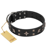 "Star Excitement" Modern FDT Artisan Black Leather Sharpei Collar with Studs and Stars
