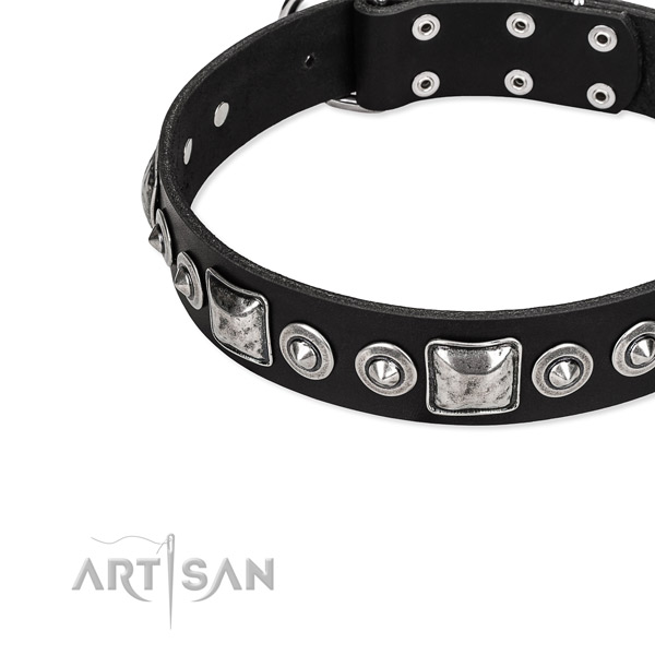 Natural genuine leather dog collar made of soft material with adornments