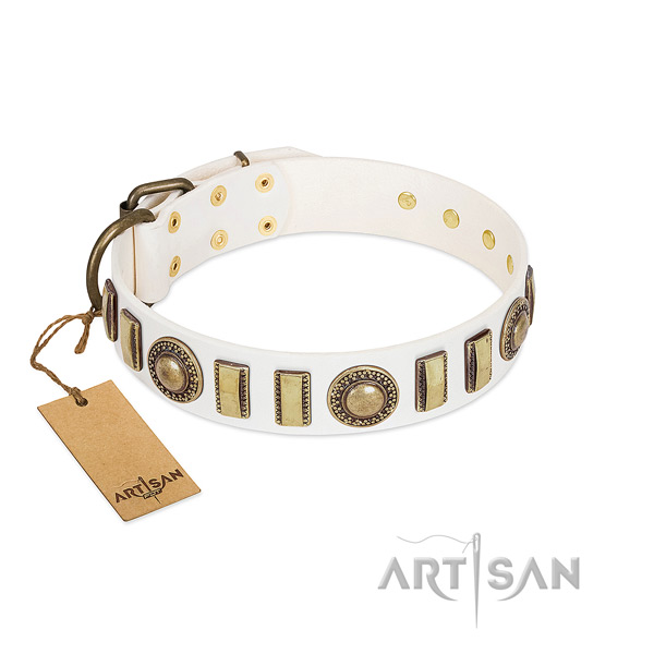 Adjustable full grain leather dog collar with corrosion proof hardware