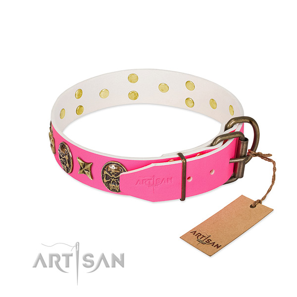 Durable traditional buckle on full grain genuine leather collar for daily walking your pet