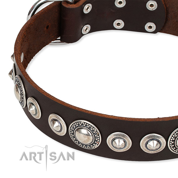 Handy use adorned dog collar of top quality full grain genuine leather