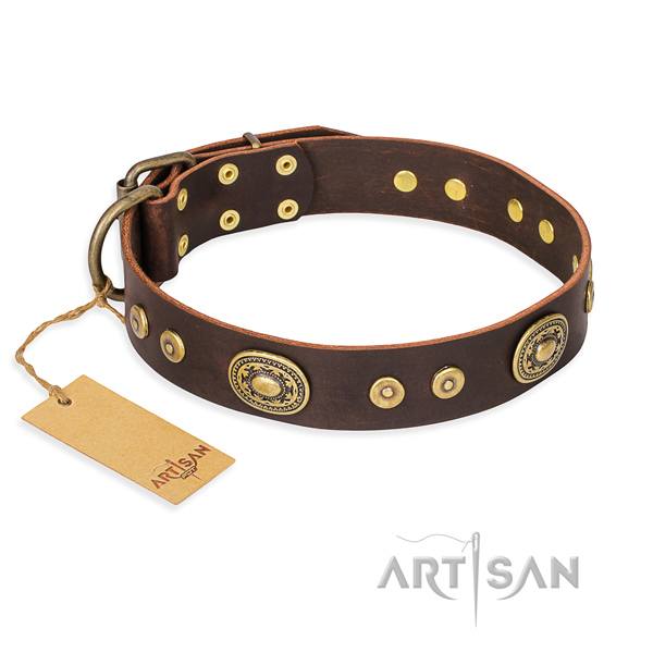 Full grain genuine leather dog collar made of top rate material with reliable hardware