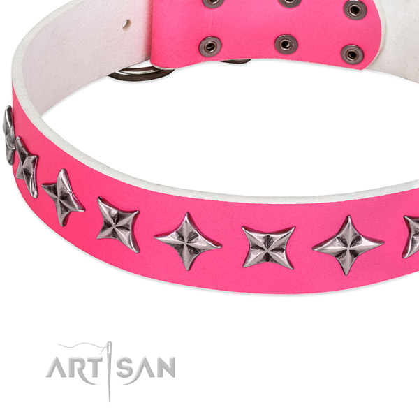 Stylish walking decorated dog collar of reliable genuine leather