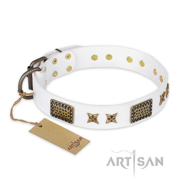 Trendy full grain leather dog collar with rust-proof D-ring