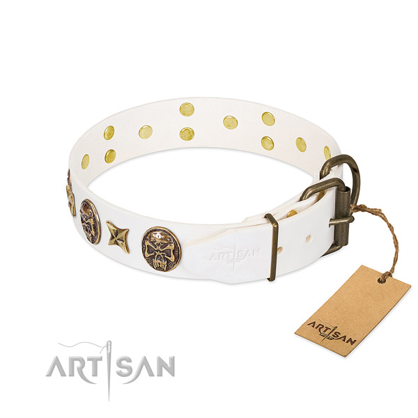 Rust resistant hardware on full grain genuine leather collar for stylish walking your four-legged friend