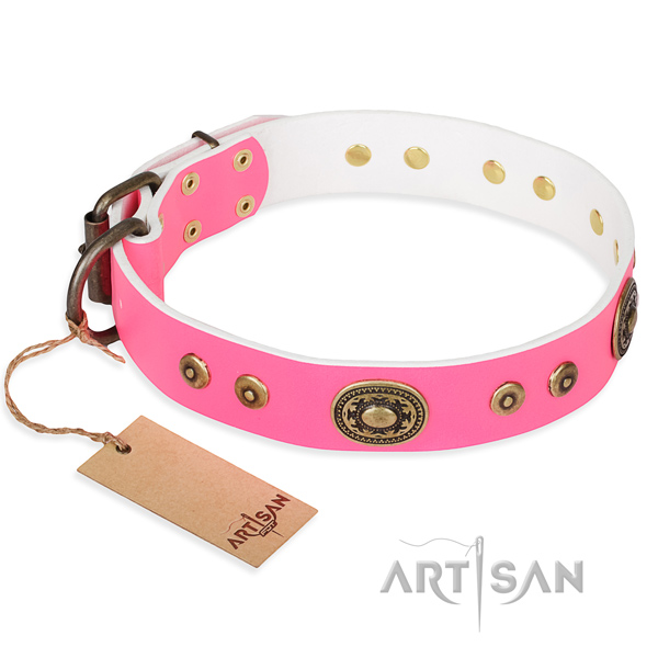 Full grain natural leather dog collar made of quality material with corrosion resistant D-ring