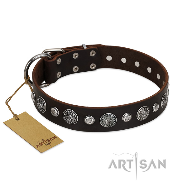 Strong full grain genuine leather dog collar with designer decorations