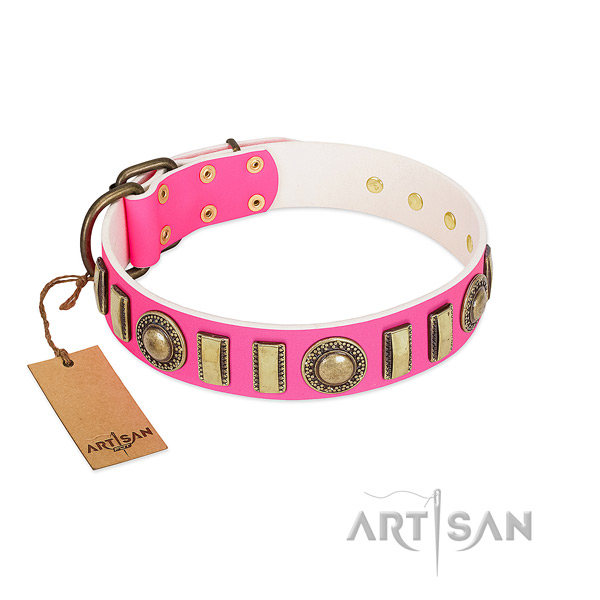 Easy wearing natural leather dog collar with rust resistant hardware