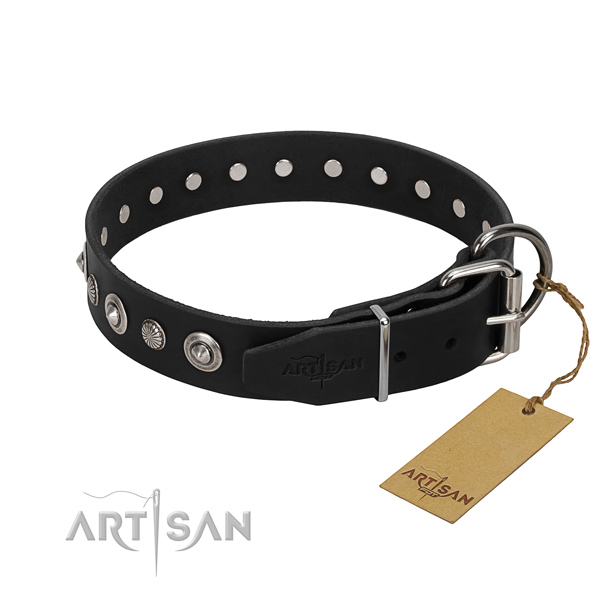 Strong genuine leather dog collar with exquisite adornments