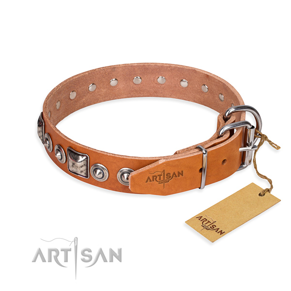 Full grain natural leather dog collar made of quality material with durable studs