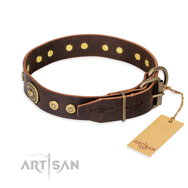 Full grain natural leather dog collar made of gentle to touch material with rust-proof embellishments