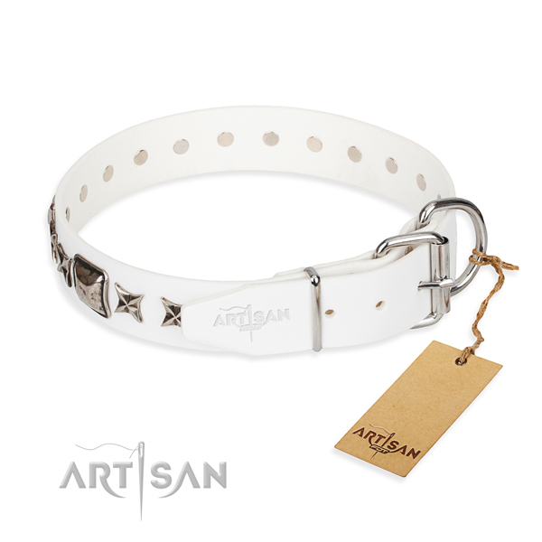 Durable decorated dog collar of full grain genuine leather