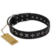 "Lights-out" FDT Artisan Black Leather Sharpei Collar with Silver-like Set of Stars