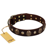 "Snazzy Paws" FDT Artisan Brown Leather Sharpei Collar Adorned with Conchos and Medallions