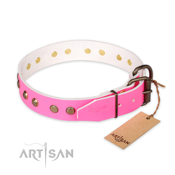 Strong D-ring on natural genuine leather collar for your handsome dog