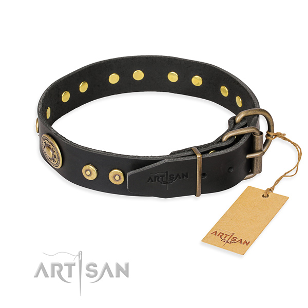 Genuine leather dog collar made of gentle to touch material with corrosion resistant adornments
