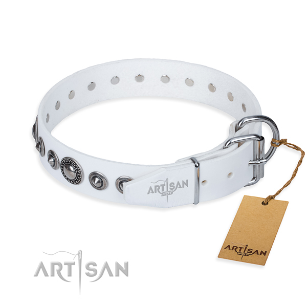 Natural genuine leather dog collar made of flexible material with corrosion resistant adornments