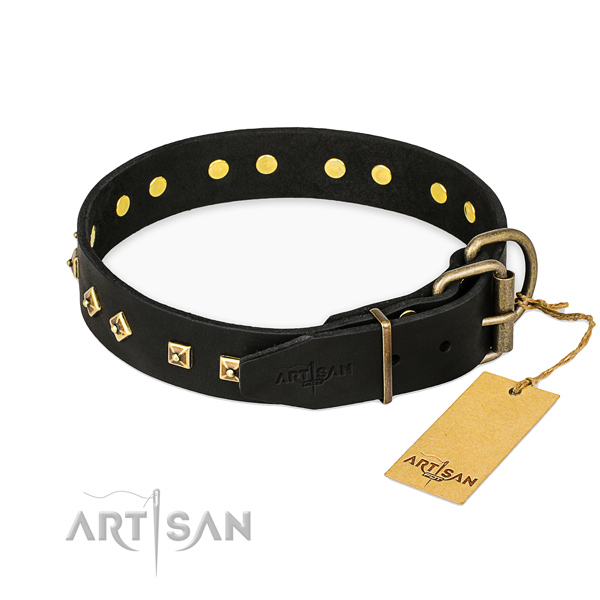 Rust resistant fittings on genuine leather collar for fancy walking your doggie