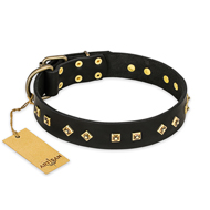 "Rhomb Style" FDT Artisan Decorated Leather Sharpei Collar with Old Bronze-Plated Studs 1 1/2 inch (40 mm) Wide