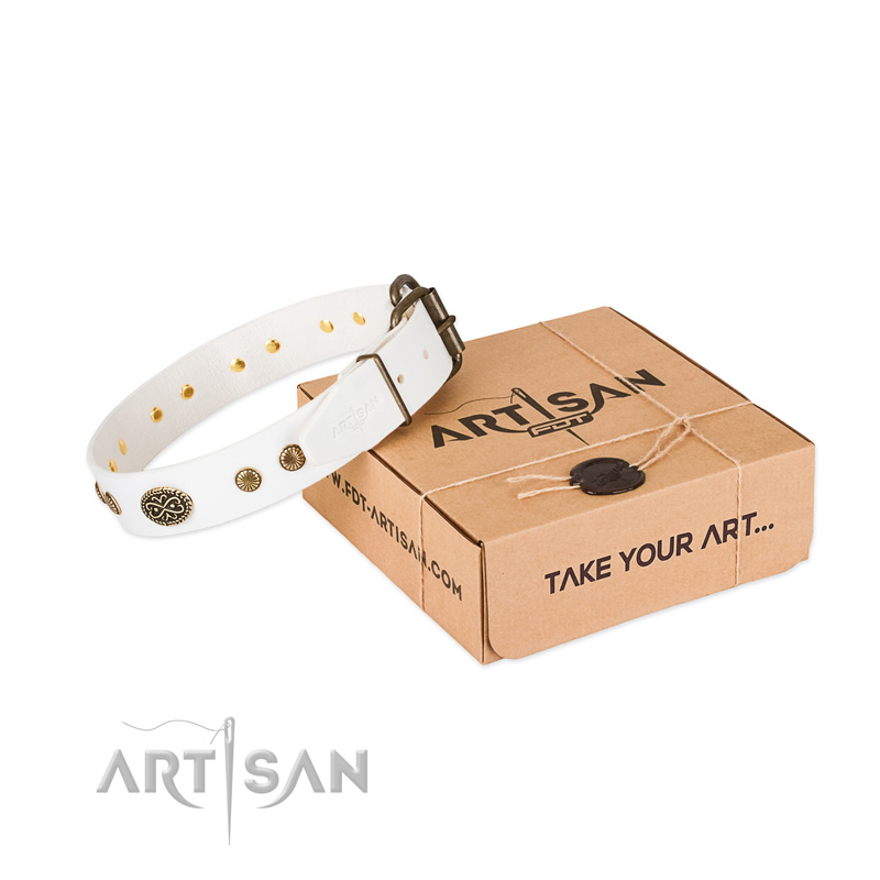 Corrosion resistant buckle on full grain natural leather dog collar for your four-legged friend