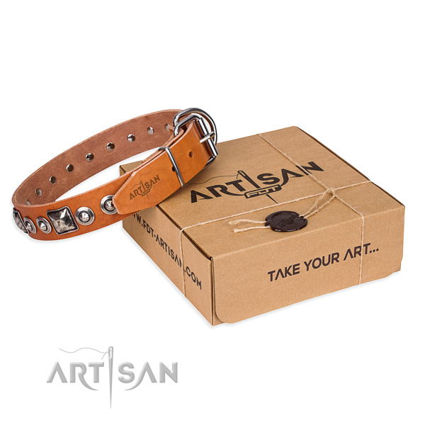 Full grain natural leather dog collar made of top rate material with rust resistant D-ring