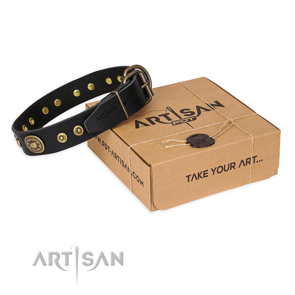 Natural genuine leather dog collar made of high quality material with reliable D-ring