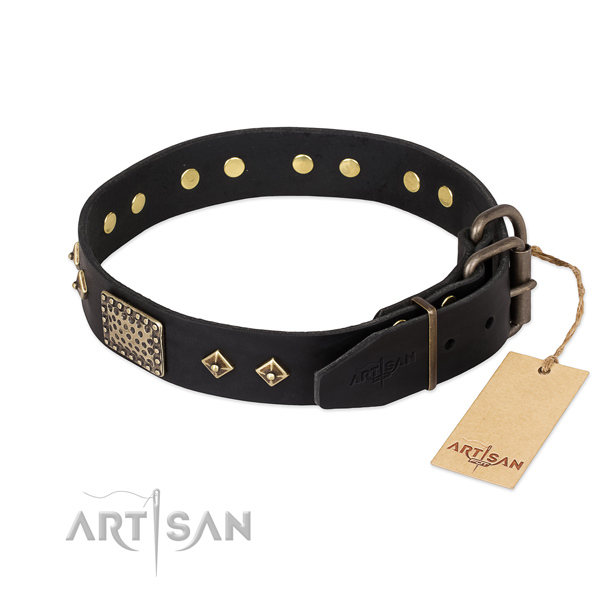 Genuine leather dog collar with rust-proof traditional buckle and adornments