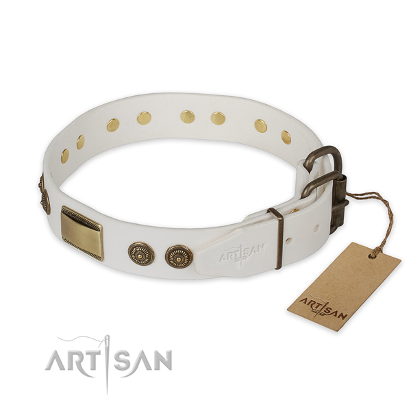 Corrosion resistant traditional buckle on genuine leather collar for fancy walking your pet