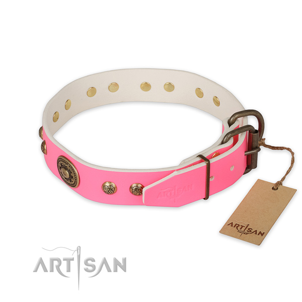 Corrosion resistant buckle on full grain genuine leather collar for daily walking your doggie