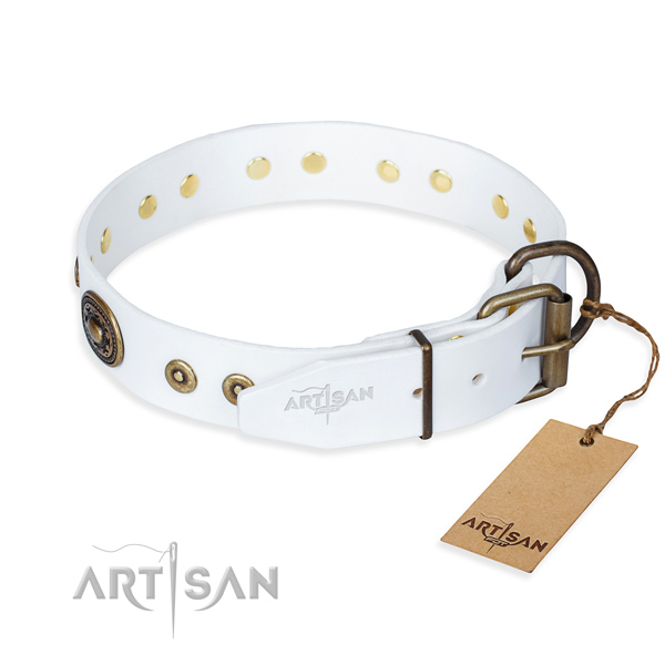 Genuine leather dog collar made of gentle to touch material with corrosion proof decorations