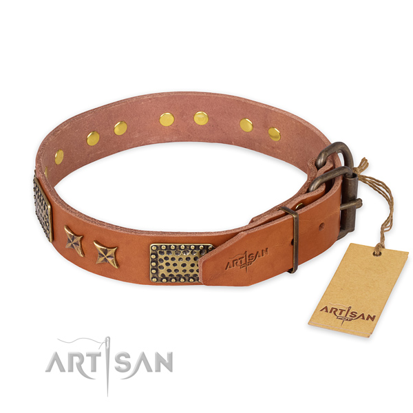 Rust-proof buckle on natural genuine leather collar for your lovely pet