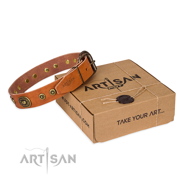 Leather dog collar made of soft to touch material with corrosion proof traditional buckle