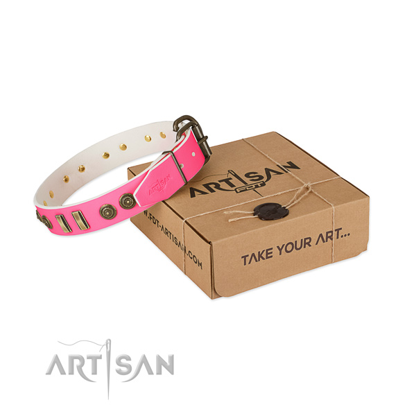 Durable embellishments on full grain genuine leather dog collar for your pet