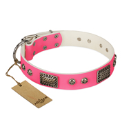 "Fashion Skulls" FDT Artisan Pink Leather Sharpei Collar with Old Silver Look Plates and Skulls "Fashion Skulls" FDT Artisan Pink Leather Sharpei Collar with Old Silver Look Plates and Skulls