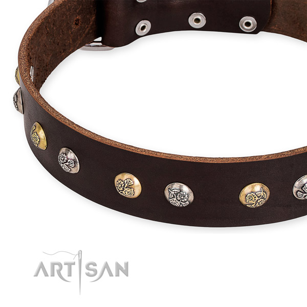 Natural genuine leather dog collar with incredible strong decorations