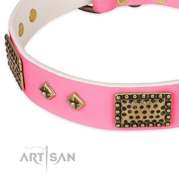 Natural genuine leather dog collar with decorations for everyday walking