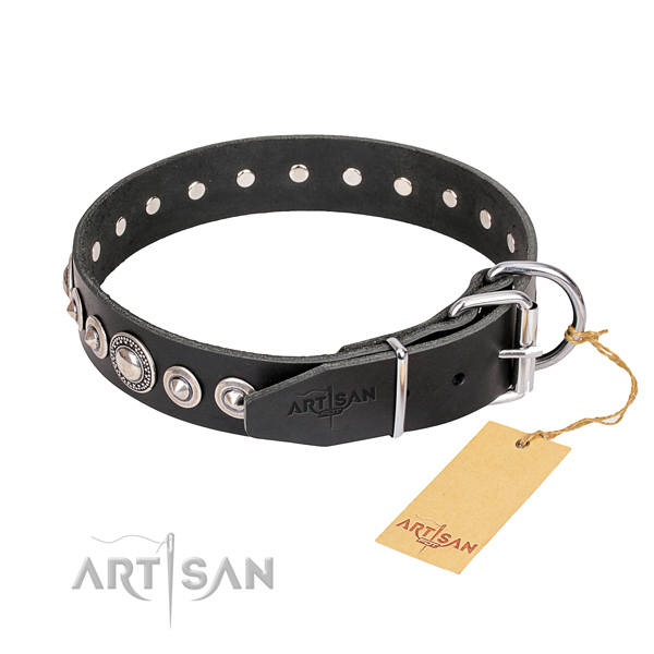Durable embellished dog collar of natural leather
