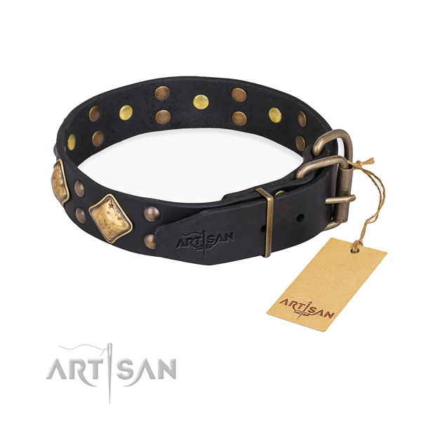 Leather dog collar with fashionable rust-proof decorations