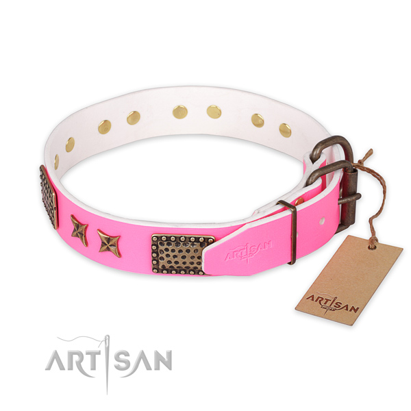 Corrosion resistant buckle on natural genuine leather collar for your lovely doggie