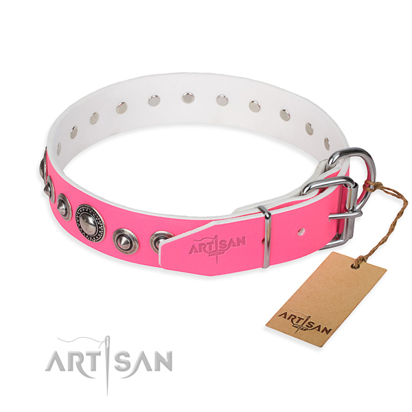 Full grain genuine leather dog collar made of quality material with corrosion resistant decorations