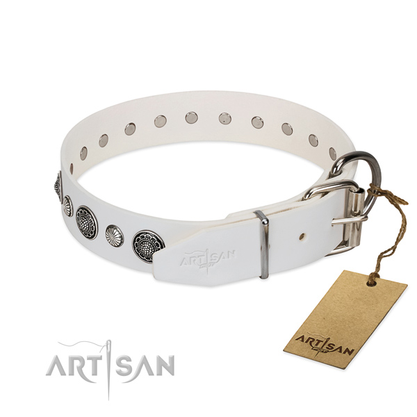 Top notch genuine leather dog collar with rust-proof D-ring